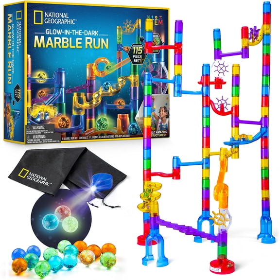 NATIONAL GEOGRAPHIC Parcours de Billes Lumineuses - Ensemble de Construction de 115 Pcs avec 25 Billes en Verre Phosphorescentes Sac de Rangement Excellent Jouet STIM Créatif pour Filles et Garçons