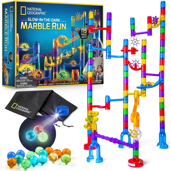 NATIONAL GEOGRAPHIC Glowing Marble Run - 115 Piece Construction Set with 25 Glow in The Dark Glass Marbles Storage Bag Great Creative STEM Toy for Girls and Boys