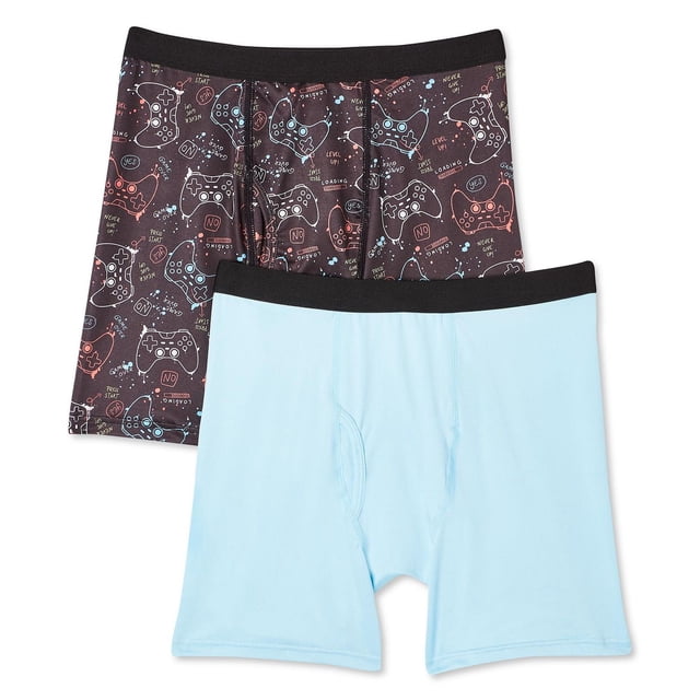 Athletic Works Boys' Performance Boxer Briefs 2-Pack including one light blue solid brief and one black brief with colorful video game controller and gaming phrase print, both with black elastic waistbands, made from moisture-wicking polyester and spandex for breathable comfort during active play.