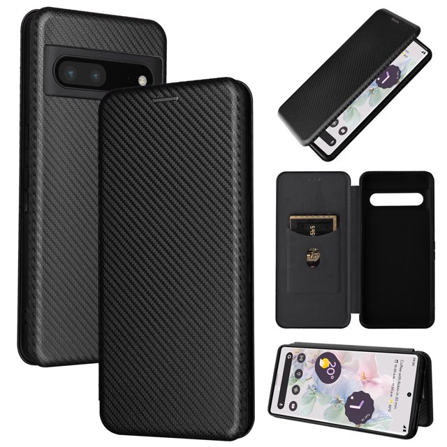 Étui pour Google Pixel 7 Pro 5G, Étui Folio à Rabat Magnétique en Cuir Fibre de Carbone avec Porte-Cartes et Support