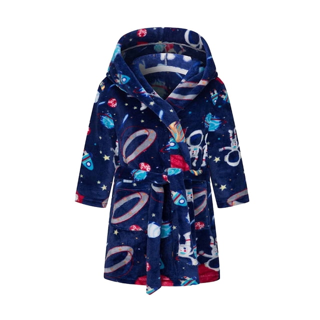 Dvkptbk Kids Fleece Hooded Bathrobes, Warm Graphic Soft Fuzzy Bath Robe for Kids Soft Robe Sleepwear with Belt 7-8 Years