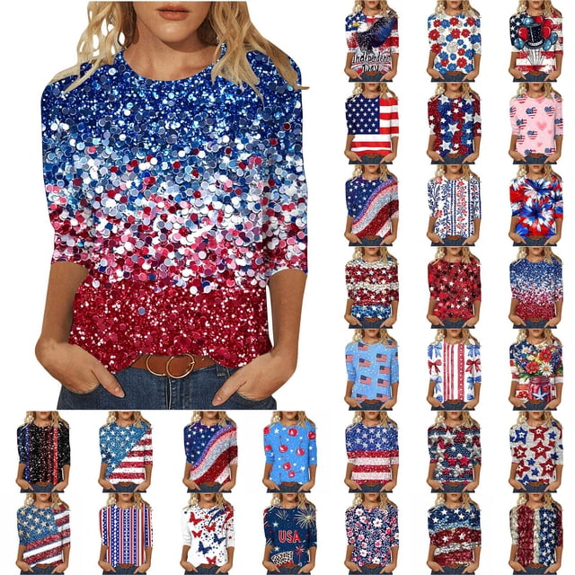 Frostluinai T-Shirt Patriotique pour le Memorial Day Hauts pour Femmes Col Rond Manches 3/4 Hauts de Détente Grande Taille T-Shirts Floraux Rouge Blanc et Bleu