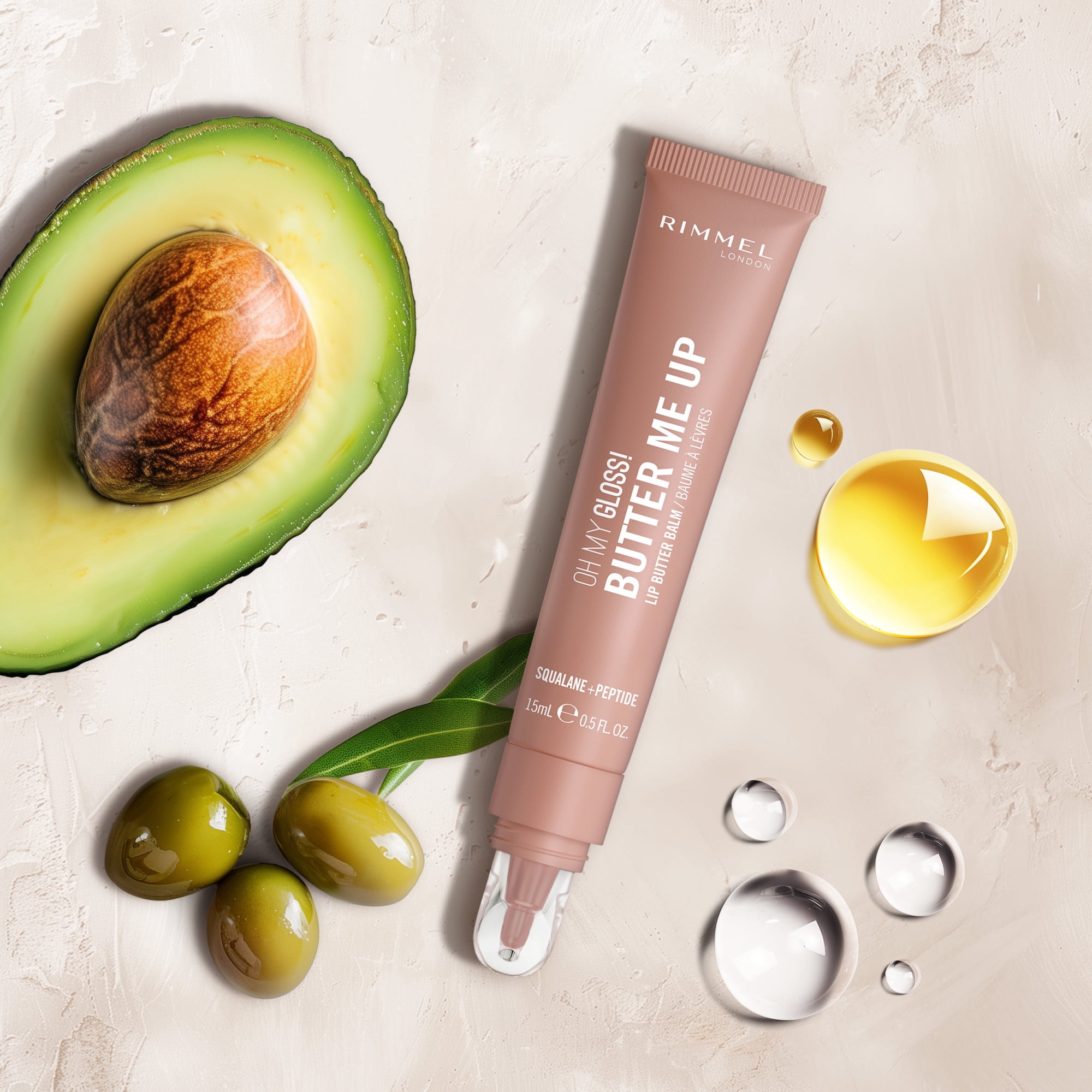 Rimmel London Oh My Gloss Butter Me Up Baume à lèvres hydratant, baume à lèvres teinté, soin des lèvres, hydratation, nourrissant, squalène