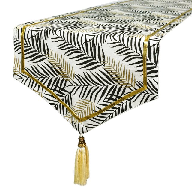 The HomeCentric Decorative Black & Gold 6 Seater Table Runner (14 x 60 inch), Leaf Pattern, Gold Glitter, Metallic Gold & Tassels, Cotton fabric Table Linen, Floral Pattern Modern Style - Panra