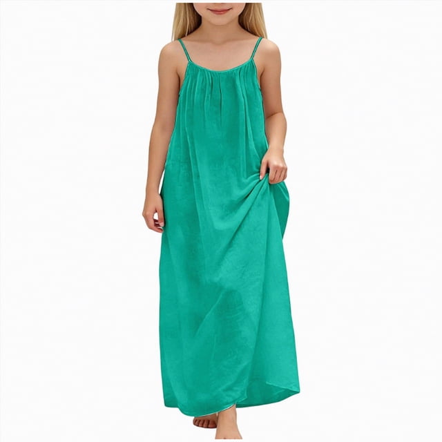 NIEWTR Robe Décontractée Tissée pour Tout-Petits et Bébés Filles à Larges Bretelles, Robe Soleil Fluide pour les Journées d'Été (Vert, 8-9 Ans)