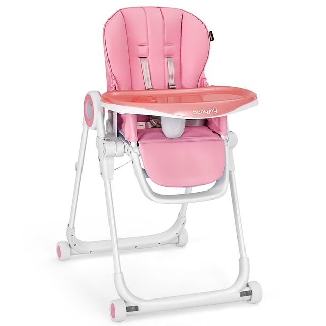 Babyjoy Chaise Haute pour Bébé Pliable, Chaise d'Alimentation Rose avec Dossier, Repose-Pieds et Hauteur de Siège Réglables. Cette Chaise Haute convertible Comprend des Plateaux Doubles Amovibles, un Harnais de Sécurité à 5 Points et des Roues Verrouillables pour la Stabilité. Fabriquée avec des Matériaux Sans BPA et un Cadre en Acier Robuste, Idéale pour l'Alimentation et le Temps de Jeu.