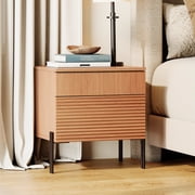 WAMPAT Fluted Nightstand, 18” Modern Bedside Table with Charging Station, 2 Drawers, USB Ports & Outlets, Wooden End Table for Bedroom, Living Room, Mocha
