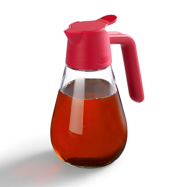 Starfrit Distributeur Anti-Goutte, 20 oz, Contenant en Verre Transparent avec Sirop Ambré, Couvercle en Plastique Rouge et Poignée avec Joint en silicone, Bec Anti-Goutte et base stable pour un Versement Précis et Sans Dégâts de Sirop, d'Huile Ou de Vinaigrettes dans la Cuisine.