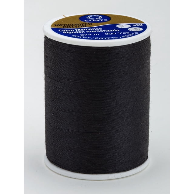 Coats & Clark™ 100% Cotton Thread, 300 Yards spool of black mercerized cotton sewing thread with white plastic ends and a blue and gold label on top indicating thread type and length, suitable for sewing natural fibers and adding strength and lustre, often used in detailed craft sewing projects.