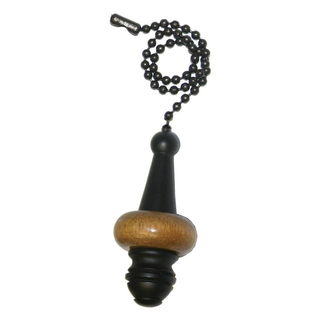 Atron Electro Industries Solid Oak with Oil Rubbed Bronze 36 Inch Pull Chain with a black oil rubbed bronze beaded chain attached to a pull chain handle featuring a solid natural oak ring and black tapered finial, designed for ceiling fans or light fixtures and suitable for high ceilings.