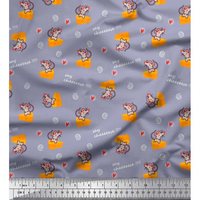 Soimoi Grey Poly Georgette Fabric Cheese Slice & Rats Kids Print Fabric by the Yard 52 Inch Wide