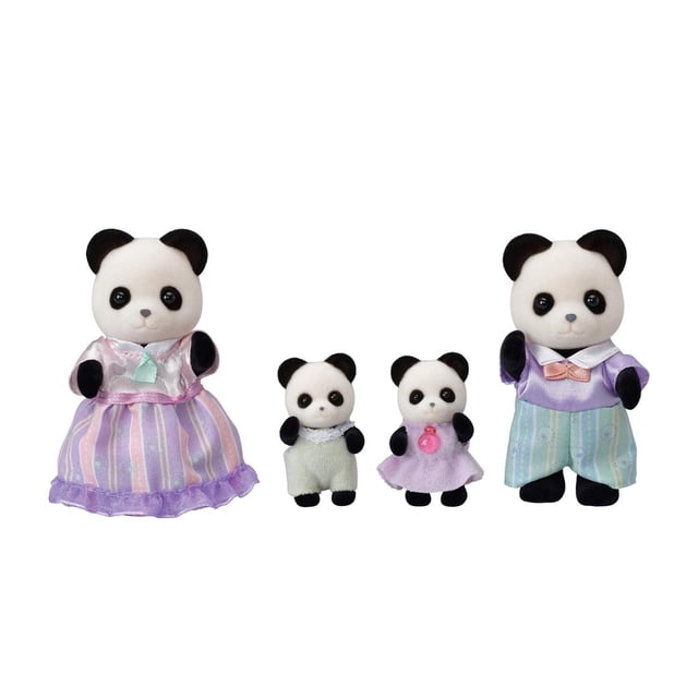 Calico Critters Pookie Panda Family set of 4 collectible doll figures featuring two adult pandas in pastel striped clothing with jointed limbs and two baby pandas in soft pastel outfits, all with black and white flocked fur, ideal for imaginative play with dollhouses and accessories.
