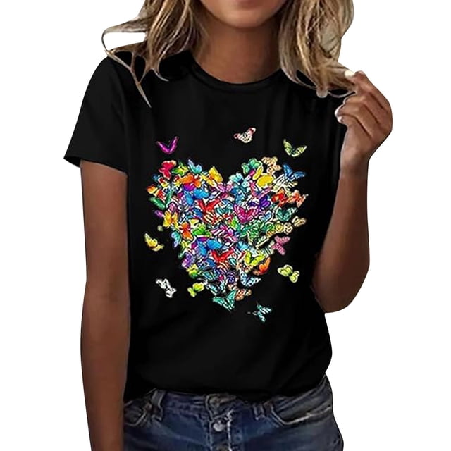JIRNDf Hauts d'Été pour Femmes T-Shirts Tendance Décontractés Col Rond Manches Courtes Imprimés Stylés Confortables Mignons T-Shirts Graphiques pour Femmes Chemises Noir P