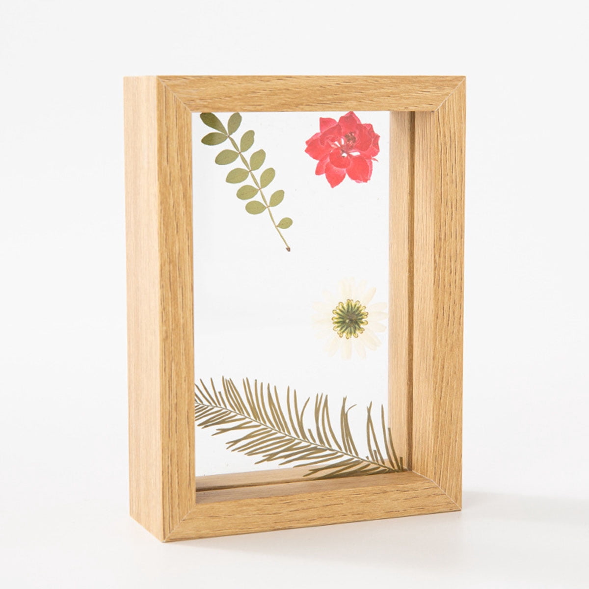 yeacher Handcrafted Double-Sided Glass Photo Frame with Dried Flower Display - Natural Wood Finish - 10 Inch (20x25cm)