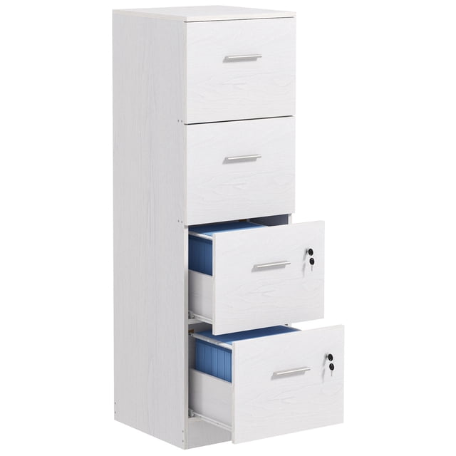 HOMCOM Classeur à 4 Tiroirs Armoire de Classement Verrouillable pour Formats A4 et Lettre en Fini grain de Bois Blanc. l'Armoire Comprend Quatre Tiroirs Spacieux avec Poignées Argentées, Deux d'Entre-Doigts Verrouillables et Incluant des Clés pour un Rangement Sécurisé. Barres de Suspension Ajustables Accueillent des Dossiers Format A4 et Lettre. la construction en Panneau de Particules Enduit de Mélamine Assure la Durabilité et un Nettoyage Facile. Conception Anti-Basculement et Patins de Pieds Améliorent la Sécurité et la protection du Plancher. la Conception Compacte de l'Armoire