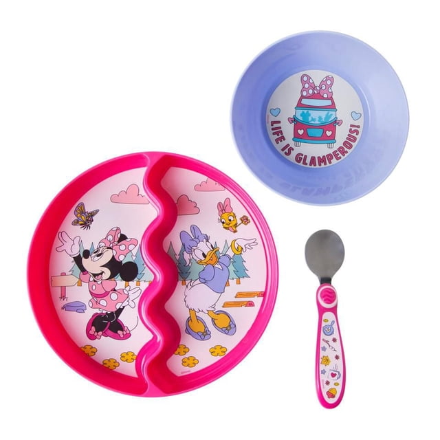 Disney Minnie Mouse 3-Piece Mealtime Set with divided pink suction plate featuring Minnie Mouse and Daisy Duck, lavender bowl with Minnie design and 'Life is Glamperous' text, and stainless steel spoon with pink easy-grip handle, designed for toddler self-feeding and fits standard high chair trays.