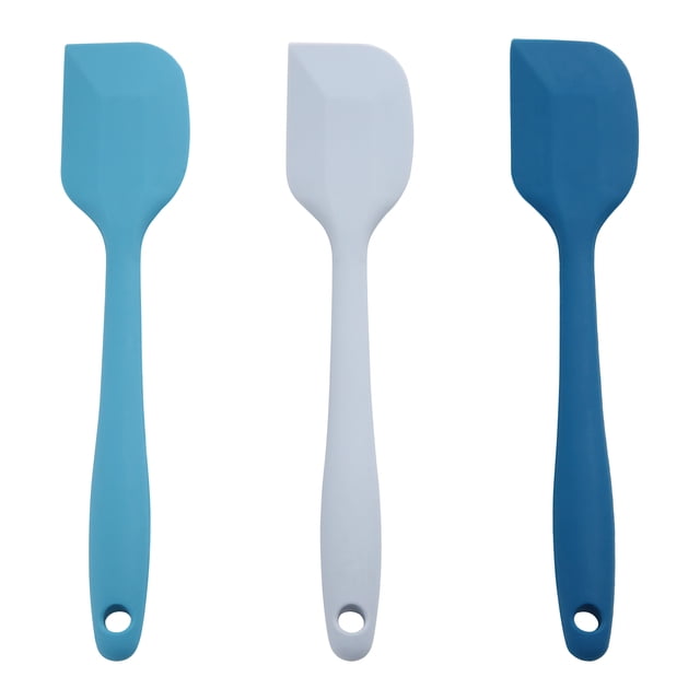 Mainstays Mini Spatula set with three 8-inch silicone spatulas in teal, grey, and navy, each featuring a flexible head and a hole in the handle for hanging, ideal for mixing, folding, stirring, and scraping cookware and bakeware surfaces.