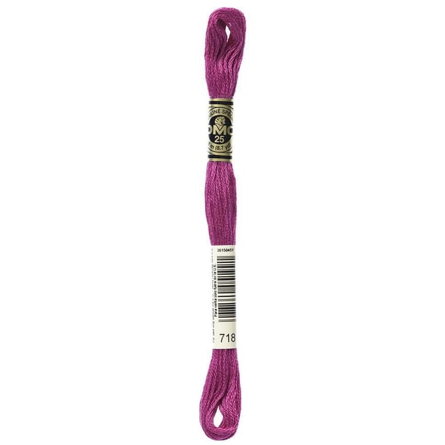 DMC Pink Cotton 6 Strand Floss 8m showing a skein of pink embroidery floss made from 100% long staple Egyptian cotton with a double mercerized sheen, wrapped with a black and gold DMC label and a white barcode label, suitable for cross-stitch, embroidery, and scrapbooking.