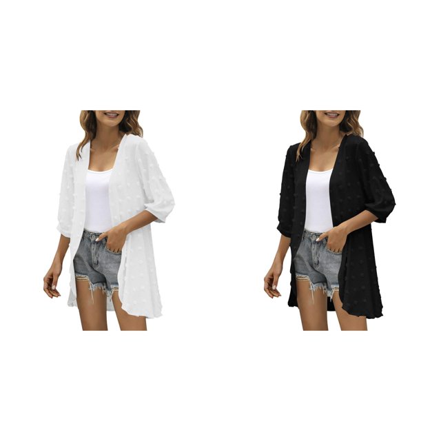 (2-Pack) Kcodviy Women Casual Cardigan Three Casual Cardigans Quarter Sleeve Open Front Long Hooded Sweaters for Women Lightweight Dots Cardigan Draped Plus Size Sweaters for Women Ruffles Cardigan