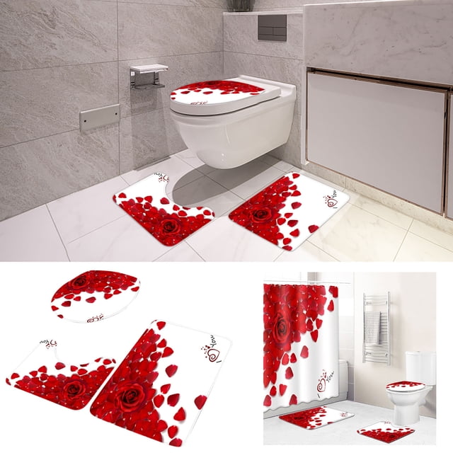 Iumwxz Rideaux Saint-Valentin Rideaux Saint-Valentin Rideau de Douche Lumières Baignoire avec Rideaux Sans Odeur Salle de Bain Ensemble Trois Pièces, Incluant Crochets Rideaux Occultants Rouge