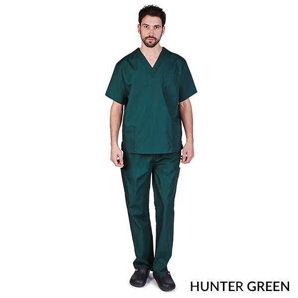 M&M SCRUBS Men's Scrub Set Medical Scrub Top and Pants in hunter green. The set includes a V-neck top with two lower pockets and one chest pocket, paired with pants featuring a back elastic waistband, front drawstring, and a cargo pocket. Made from a durable 65% polyester and 35% cotton blend, designed for comfort and functionality in medical settings.