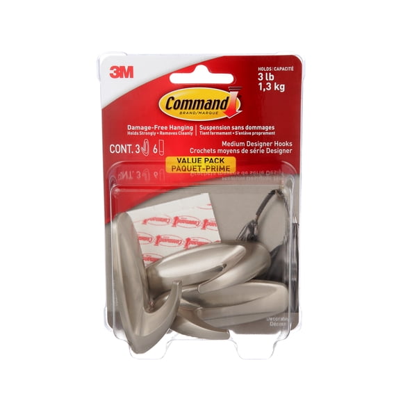 Command™ Designer Hook 17081BN-3EF, Brushed Nickel, Medium