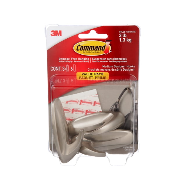 Command™ Designer Hook 17081BN-3EF, Brushed Nickel, Medium