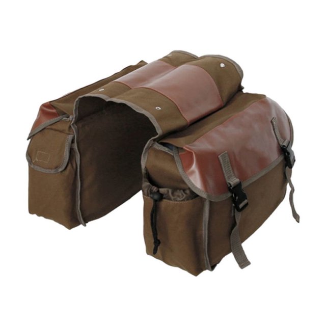 JUNWELL Motorcycle Saddle Bags, waterproof and durable, made of canvas and leather. Features two large flap pockets with double straps, reinforced seams, and two side pockets for additional storage. Designed for motorbikes and bicycles, suitable for travel, tools, and cycling luggage. Shown in a khaki colour with a practical and elegant design.
