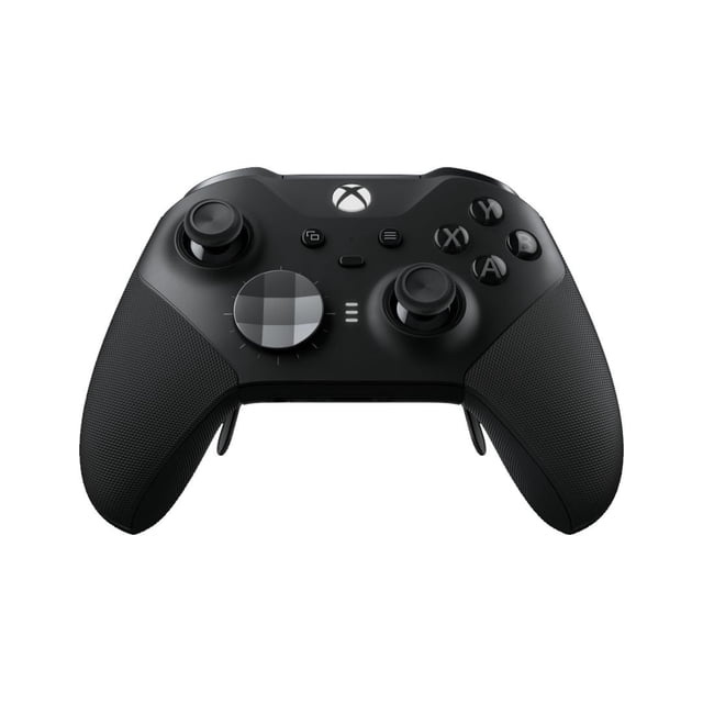 Xbox Elite Wireless Controller Series 2 (Xbox One) front-facing with matte black finish, textured rubberized grips, adjustable thumbsticks, faceted D-pad, and A, B, X, Y buttons, featuring Xbox Wireless, Bluetooth, and USB-C connectivity for versatile gaming on Xbox One and Windows 10.