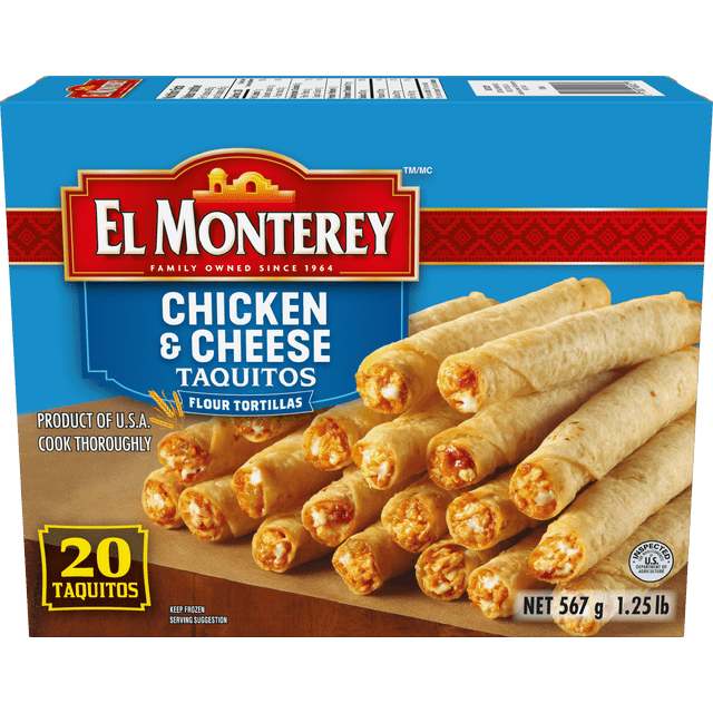 El Monterey Frozen Chicken & Cheese Taquitos box with 20 flour tortilla taquitos filled with real chicken, Monterey Jack cheese, and Mexican spices, stacked on brown paper, net weight 567 g (1.25 lb), suitable for oven, air fryer, or microwave cooking.