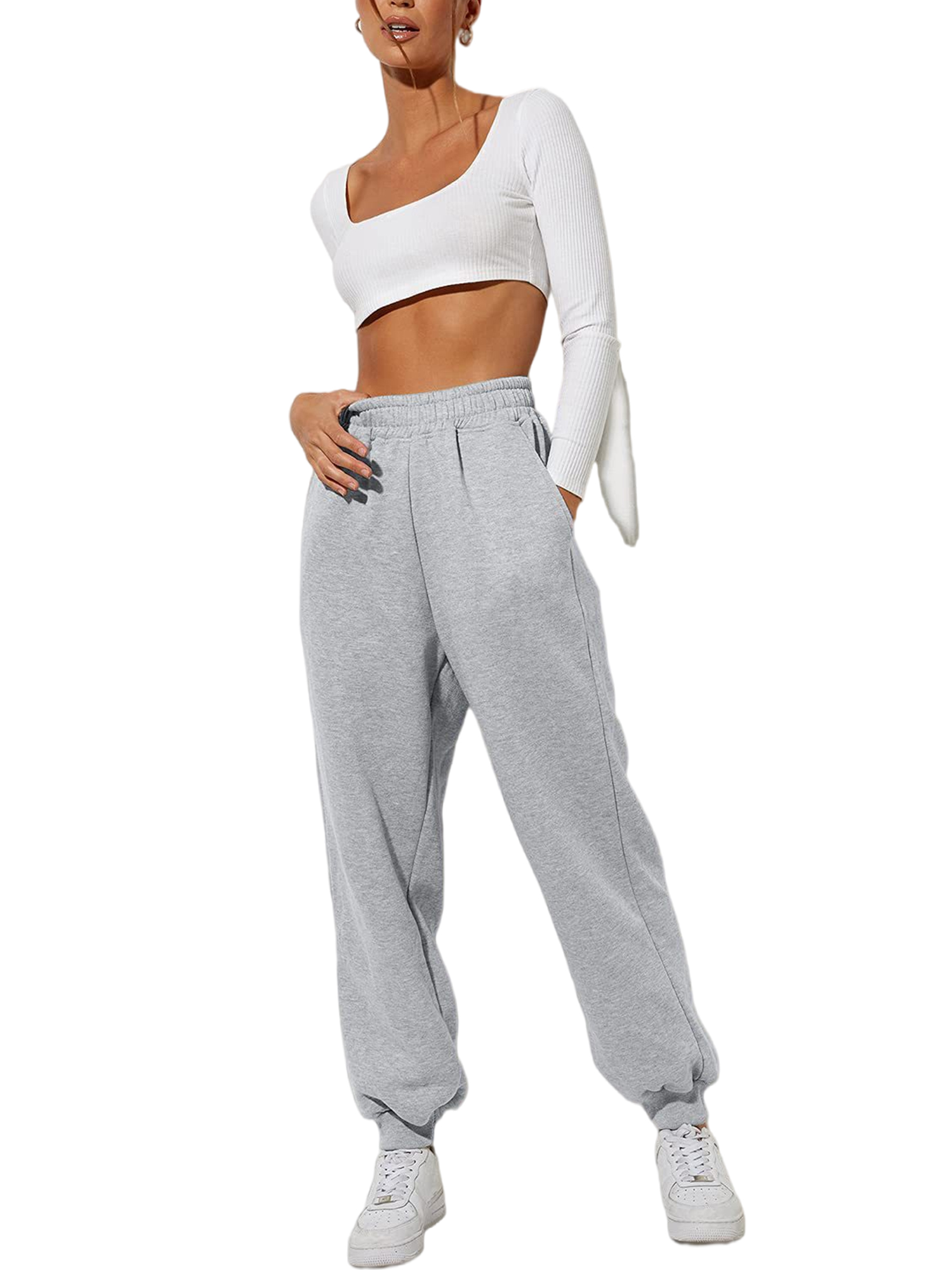 Innerwin Jogger Pants With Pockets Women Trousers Sports Solid Color Lounge Sweatpants Grey 2XL