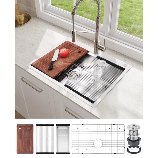 GloryStar Top Mount Single Bowl Kitchen Sink, Drop-In Stainless Steel Design