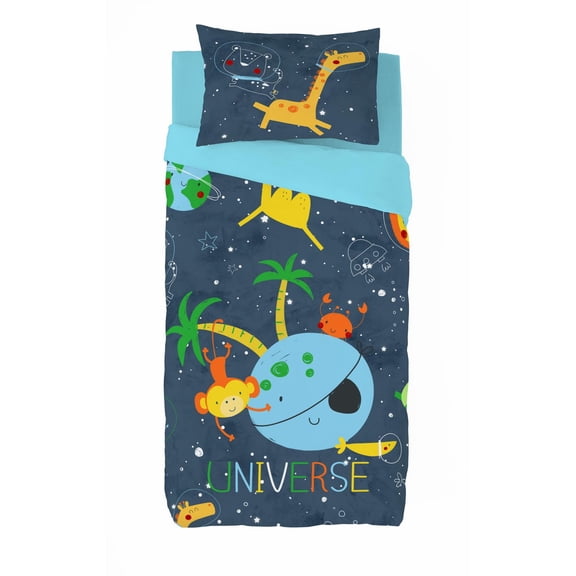 Gouchee Home Universe Twin 2-Piece Duvet Cover Set – Kids Space Bedding with Cartoon Animals, Reversible Blue Cotton