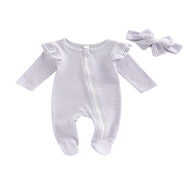Combinaison pour Bébé Fille à Manches Longues avec Fermeture Éclair, Volants, Patchwork, Décontractée, Fête, Rue, Printemps, Combinaison + Bandeau
