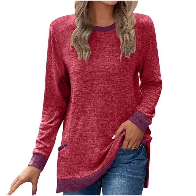 Pisexur Chandails en Molleton à Manches Longues pour Femmes Col Rond Décontracté T-Shirts Blouses Chandails en Molleton Tuniques avec Poche