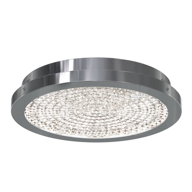 Artika Glitter LED Integrated Flush Mount ceiling light with a round chrome metal frame and textured glass diffuser, providing 2100 lumens of 3000K warm white light with adjustable intensity, suitable for compact indoor spaces like bedrooms, kitchens, and hallways.