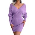 thumbnail image 2 of EGNMCR Robes de Fête pour Femmes Robe Décontractée pour Femme Mode Col en V Tricotée Moulante Couleur Unie à Manches Longues, 2 of 8