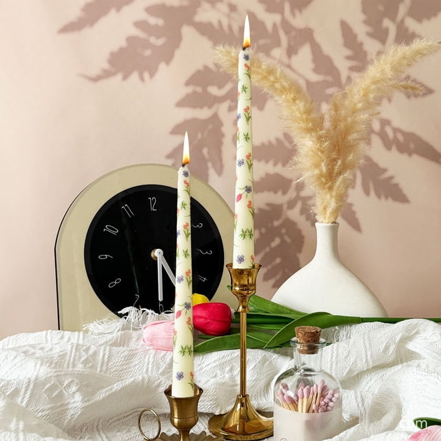 Floral Printed Long Taper Candles for Romantic Wedding, Unscented Candlelight Dinner Decor, Table Setting Accessories (2-Pack)