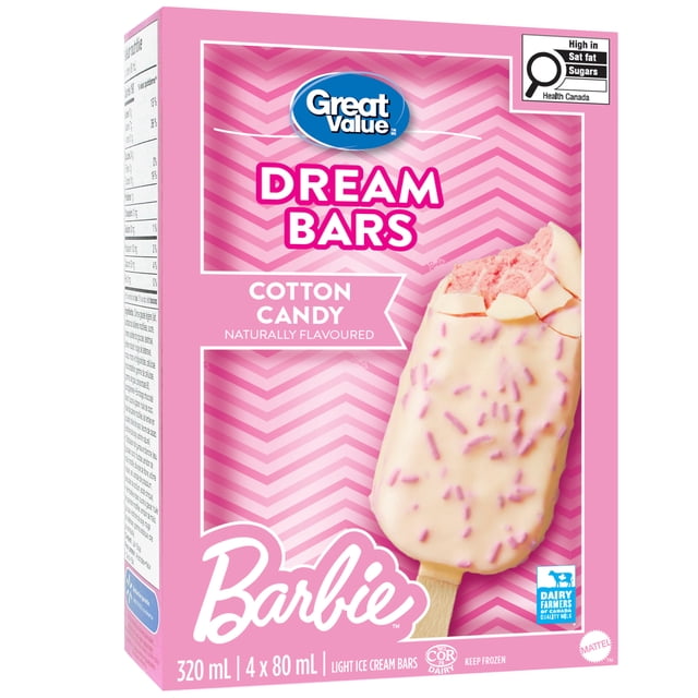 Great Value Barbie Naturally Flavoured Cotton Candy Light Ice Cream Bars box containing four 80 ml bars with pink cotton candy ice cream coated in white chocolate and decorated with pink sprinkles on a stick, made with Dairy Farmers of Canada certified milk and labeled high in saturated fat and sugars by Health Canada, suitable for frozen party treats.
