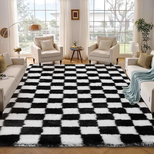 Checkered Rug 4x6 Fluffy Rug Checkered – Large Plush Rug for Bedroom, Ultra Soft Non-Slip Fluffy Carpet for Living Room – Modern Indoor Floor Rug