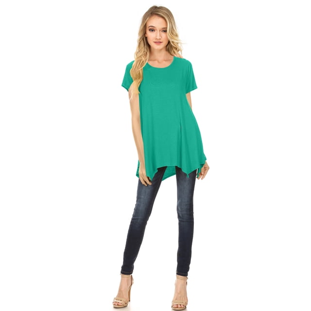 Womens Short Sleeve Scoop Neck Flowy Tunic Top - Made in USA, Medium, Emerald