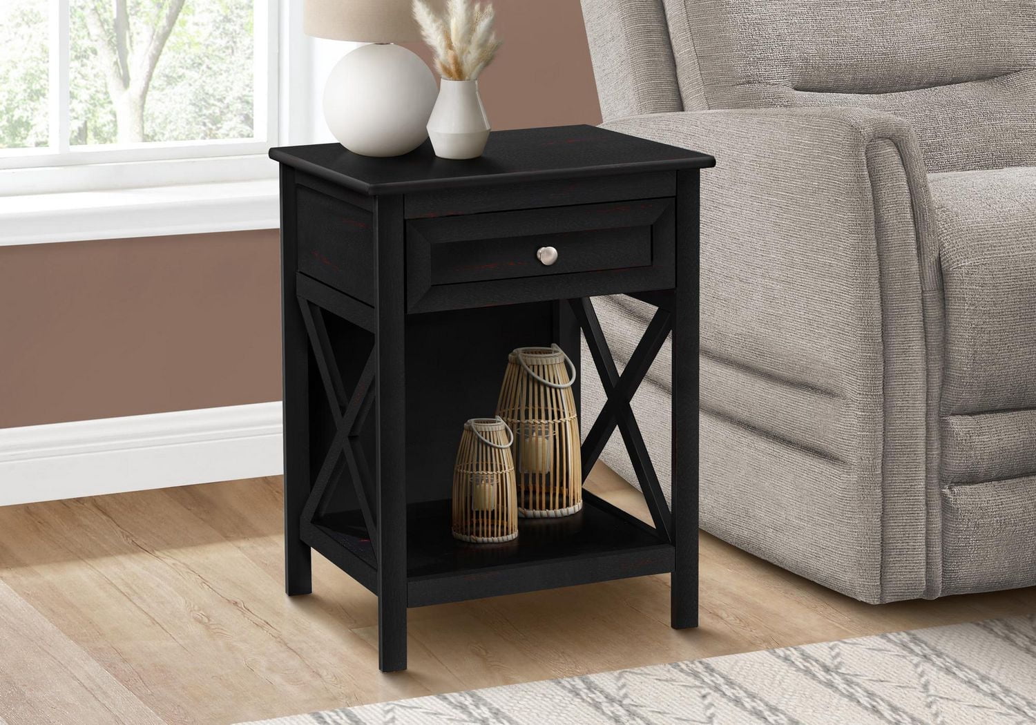 Monarch Specialties Accent Table, End, Side Table, 2 Tier, Bedroom, Nightstand, Lamp, Storage Drawer, Black Veneer, Transitional