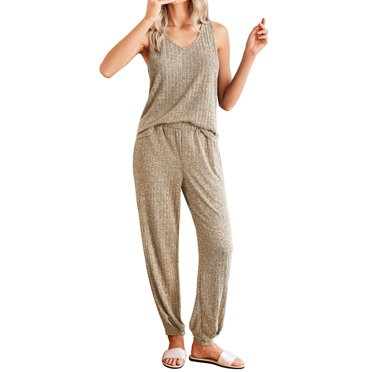 TJAZFJPA Tenues de Soirée Mignonnes pour Femmes Mode Été Automne Couleur Unie Col en V Gilet Tricoté Pantalon Ensemble de Pyjama Ensemble de Maison 2 Pcs en Coton Décontracté