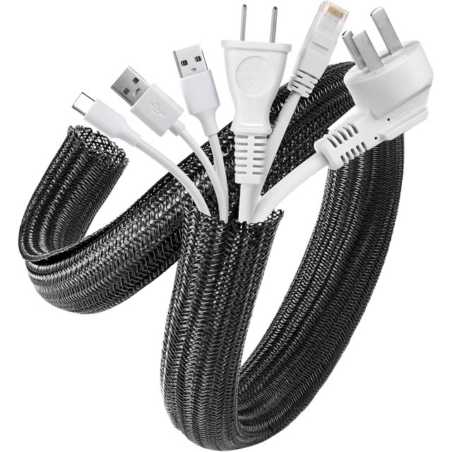 Cable Sleeve, 2 Pack 5ft - 1.2 Inch Cable Management, Desk Cord Cover Organizer Wire Hider for Home Office Computer TV Wire Loom Tubing, Pet Proof Cord Protector from Cat Dog Chewing, Black