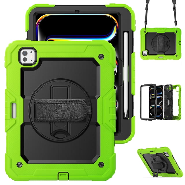 XYX For iPad Pro 11 inch Case 2024 (M4), 360 Rotating Shockproof Cover with Stand, Screen Protector, Shoulder Strap, Lime