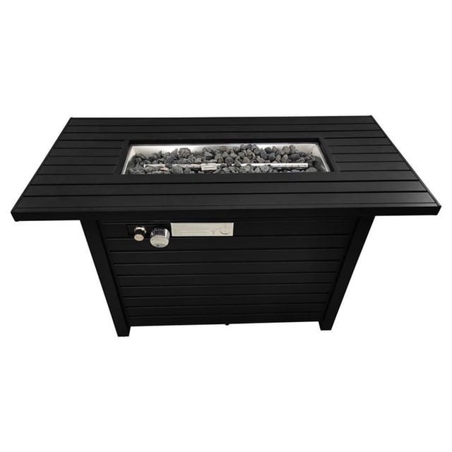 Living Source International table de Foyer Extérieur Rectangulaire de 42 Pouces en Acier Inoxydable, Noir. Ce Foyer au Propane Rectangulaire Présente un design à Lattes avec une Finition Enduite de Poudre Résistante à la Chaleur et aux Intempéries. le Puits Central Est Rempli de Roches de Lave, et l'Unité Comprend un Allumage par Bouton-Poussoir, une Flamme Réglable et un Débit de 50000 BTU. Il Mesure 42 Pouces de Large, 25 Pouces de Haut et 20 Pouces de Profondeur, et Pèse 60 Lb. Comprend un Couvercle et une Housse de Protection. Convient