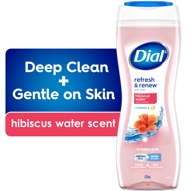 Dial Hibiscus Water Refreshing Body Wash, 473ml, in a translucent pink bottle with a blue cap, featuring the Dial logo and hydraclean complex. This dermatologist-tested body wash provides a deep clean that is gentle on skin, scented with hibiscus water and enriched with vitamin E.