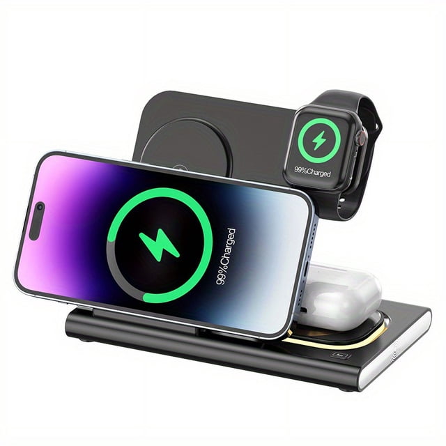 Wireless Charging Station, 4 In 1 Wireless Charger Stand in black, shown charging a smartphone, smartwatch, and wireless earbuds simultaneously. Features a foldable design with magnetic positioning and dual-coil support for vertical and horizontal charging. Compatible with iPhone, Samsung, iWatch, AirPods, and other wireless charging-enabled devices. Includes a Type-C cable and user manual.