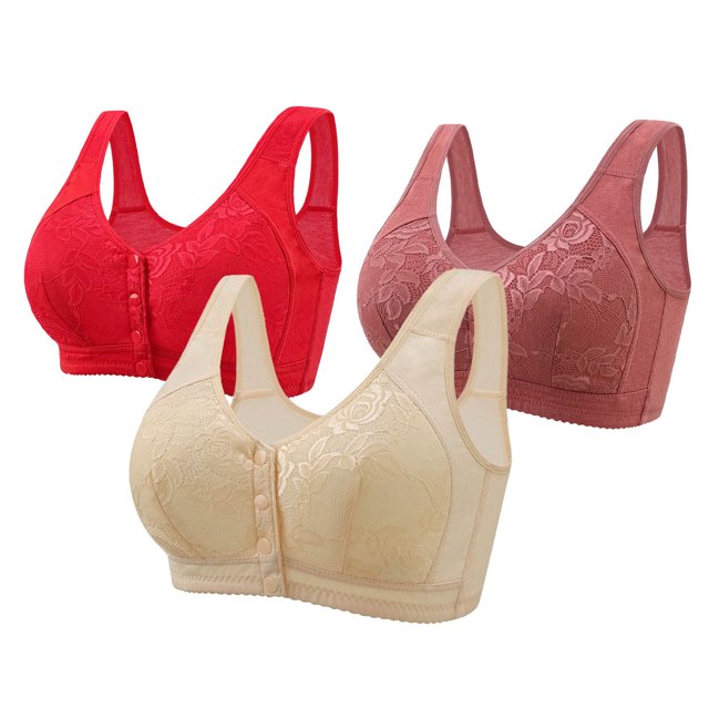 Sentmoon 3PC Push up Bras for Women Oversize No Underwire Women Sports Bras Breathable Front Closure with Button Floral Lace Embroidery Lift Seamless Sleep Bralettes for Dating Outfits Wine 44/100