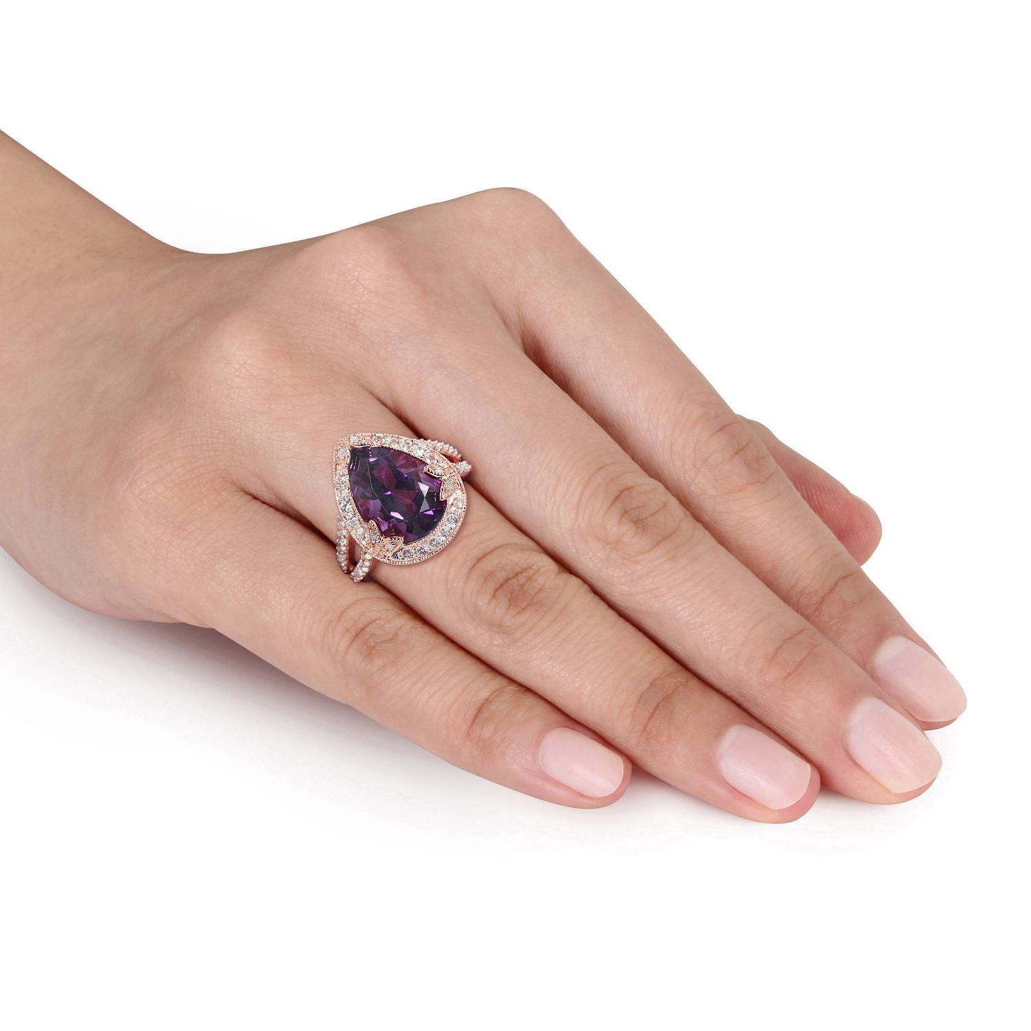 Bague cocktail en forme de larme Tangelo avec améthyste et topazes blanches 5,88 ct PBT et accents de diamants en argent sterling plaqué de rhodium rose